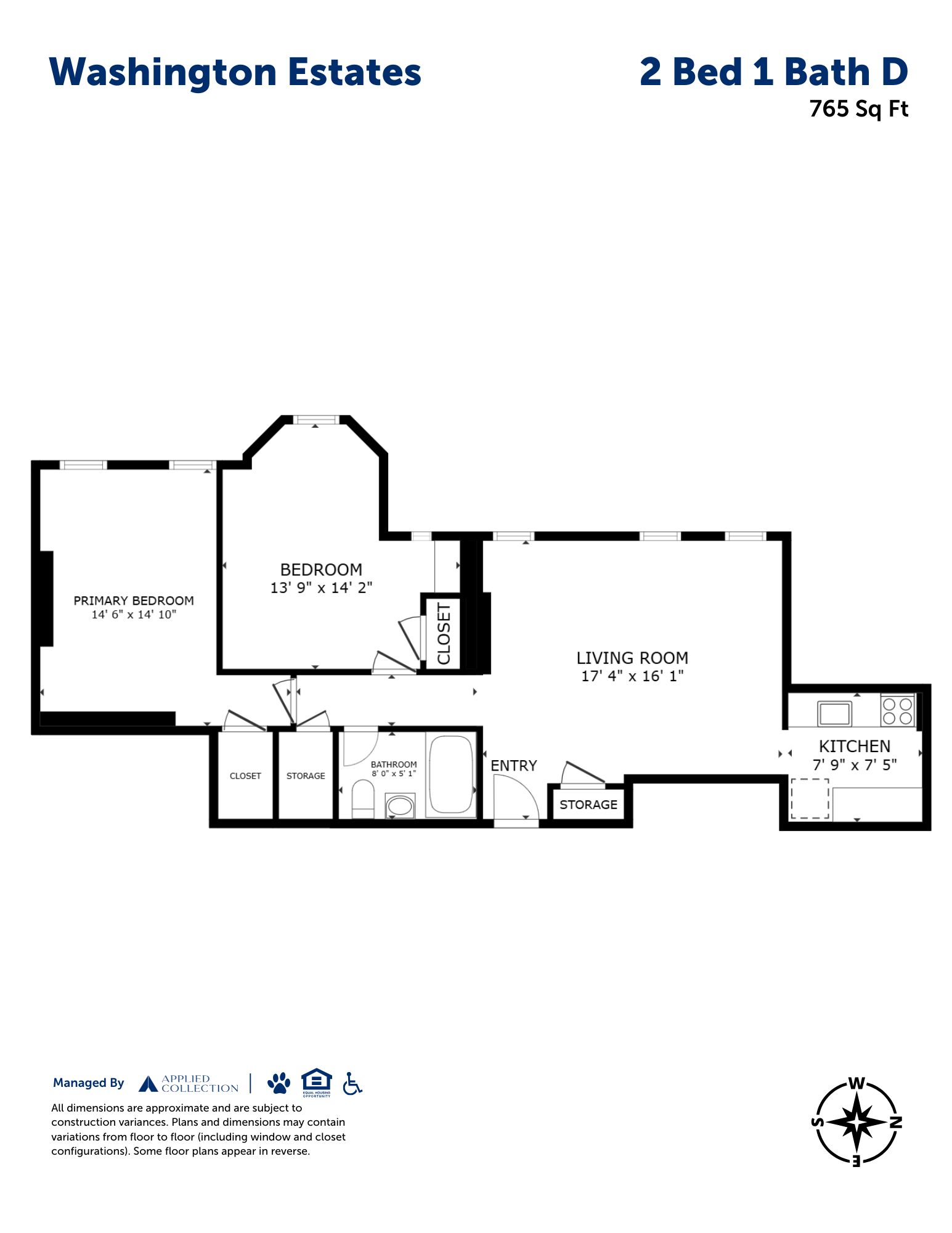 Floor plan for 2 beds, 1 bath, 765 sqft